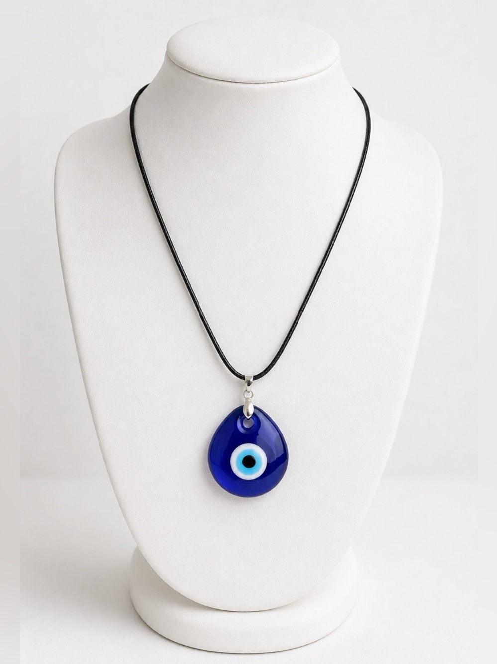 Blue Glass Evil Eye Pendant Necklace on Black Leather Rope Cord Minimalist Boho